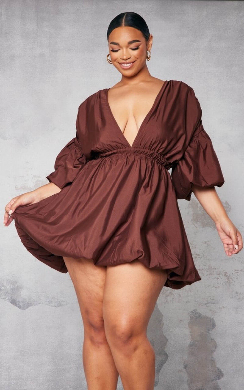 Rochie Pretty Little Thing Plus Puff Sleeve Puffball Hem Ciocolata | XQRJ18679