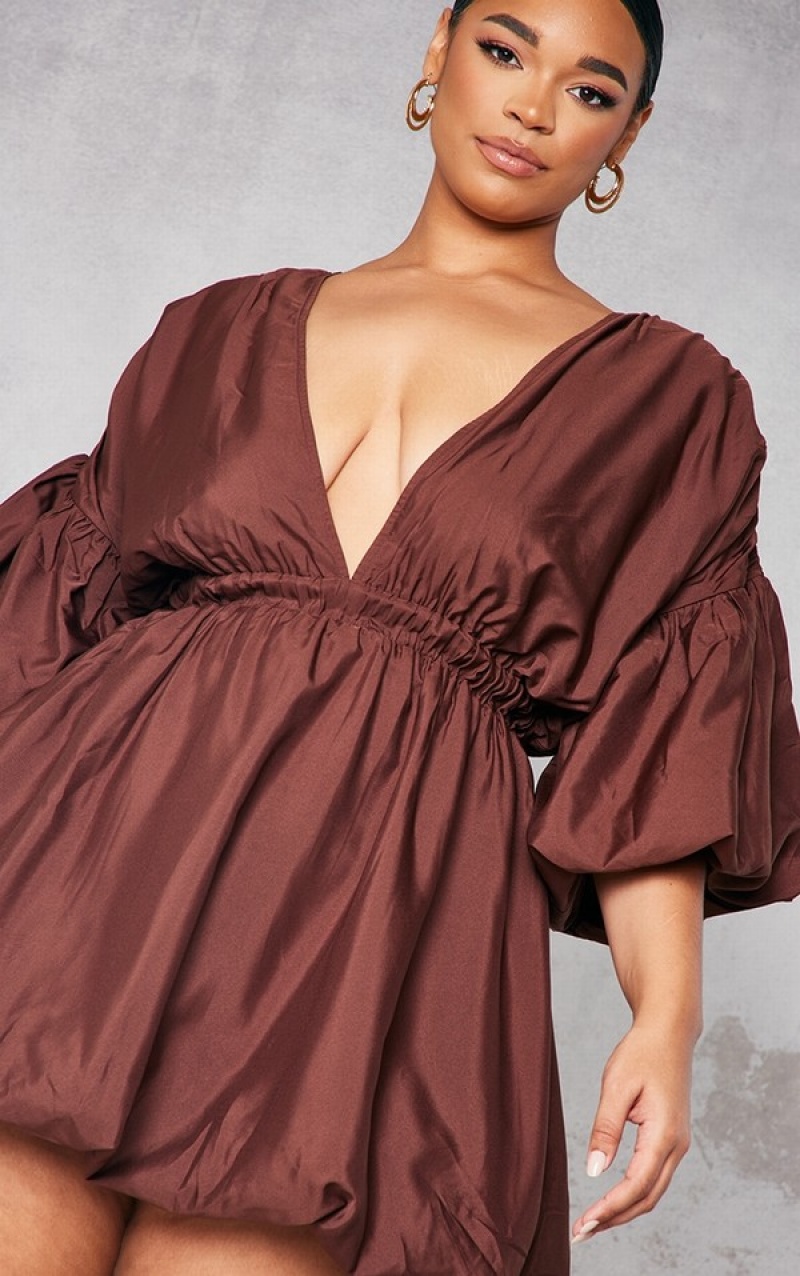 Rochie Pretty Little Thing Plus Puff Sleeve Puffball Hem Ciocolata | XQRJ18679