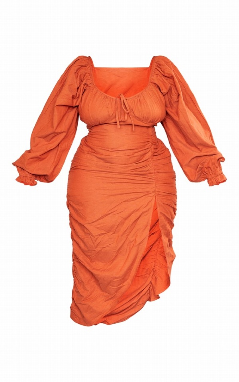 Rochie Pretty Little Thing Plus Rust Linen Look Ruched Side Split Rosii | QYKH89605