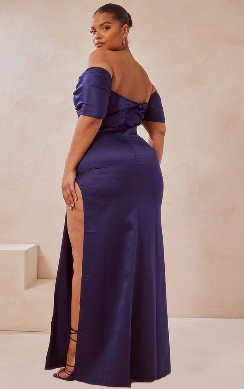 Rochie Pretty Little Thing Plus Satin Bow Bardot Maxi Bleumarin | KDYV57329