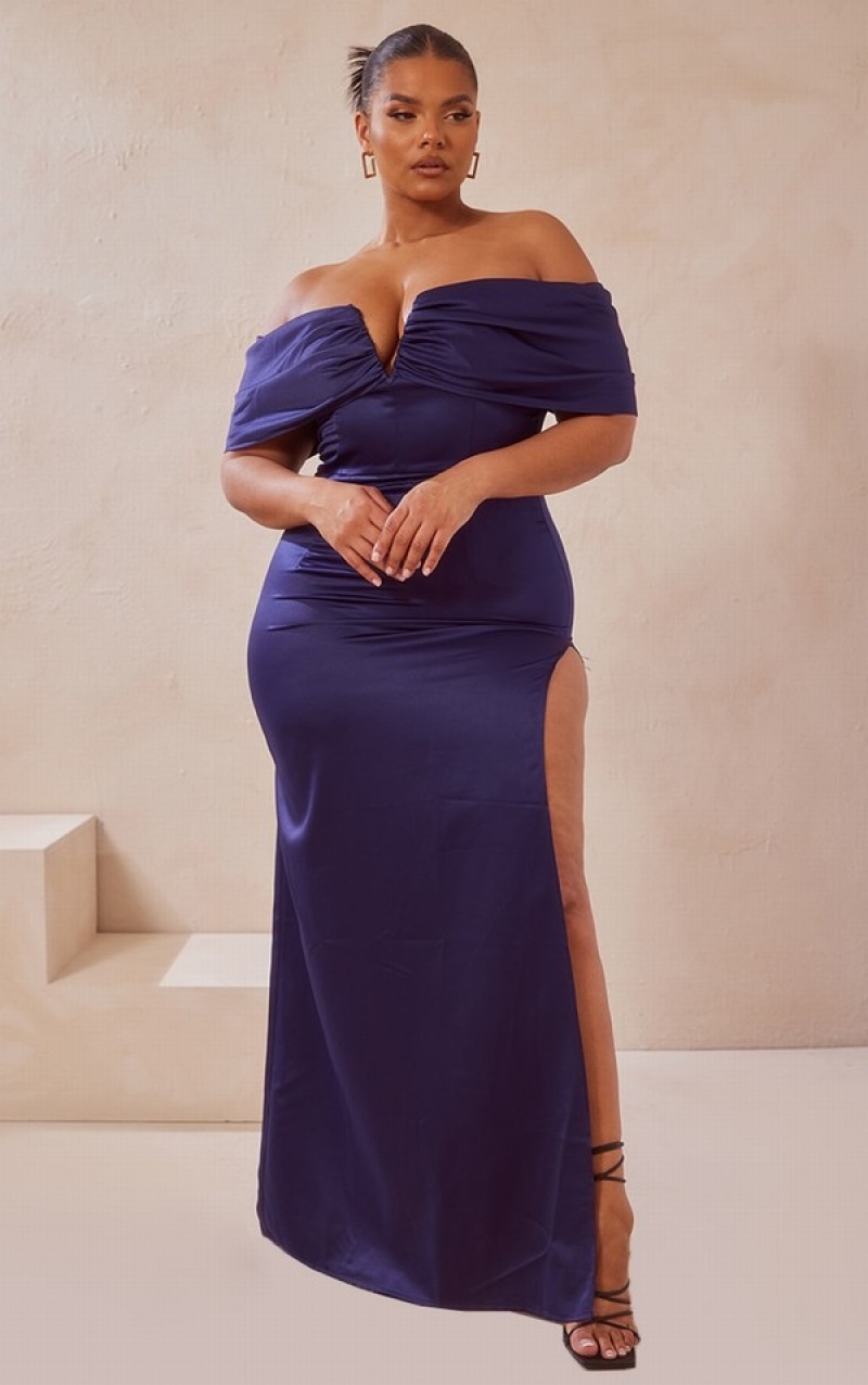 Rochie Pretty Little Thing Plus Satin Bow Bardot Maxi Bleumarin | KDYV57329