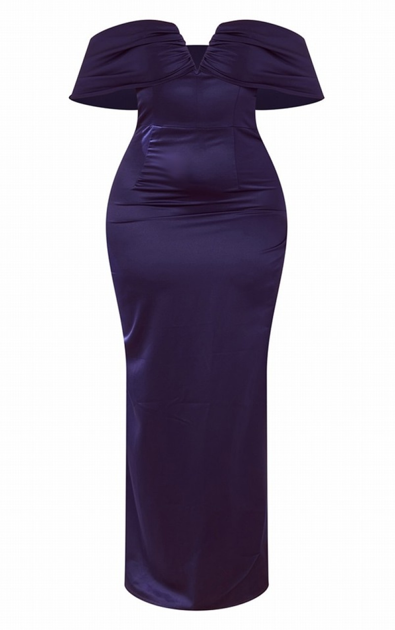 Rochie Pretty Little Thing Plus Satin Bow Bardot Maxi Bleumarin | KDYV57329
