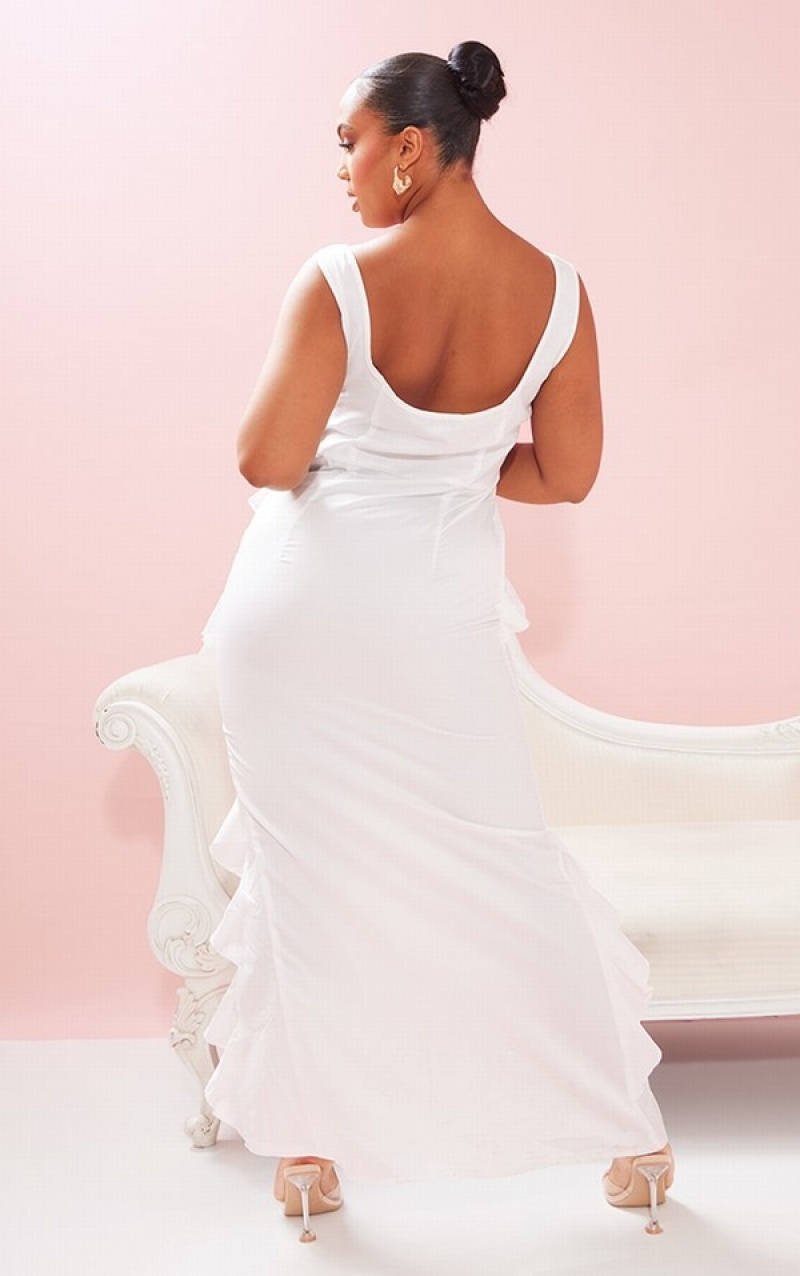 Rochie Pretty Little Thing Plus Satin Frill Laye Midaxi Albi | XTJW65810