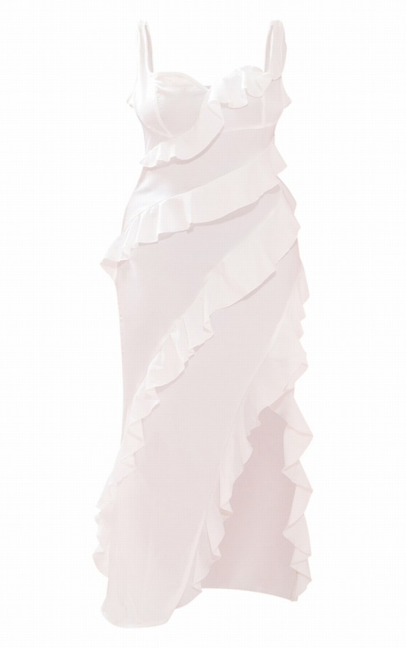 Rochie Pretty Little Thing Plus Satin Frill Laye Midaxi Albi | XTJW65810