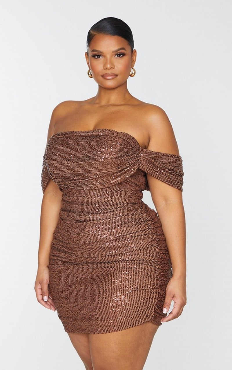 Rochie Pretty Little Thing Plus Sequin Bardot Bodycon Ciocolata | NLHT71596