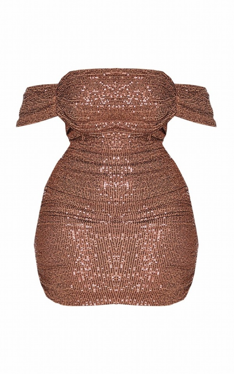 Rochie Pretty Little Thing Plus Sequin Bardot Bodycon Ciocolata | NLHT71596