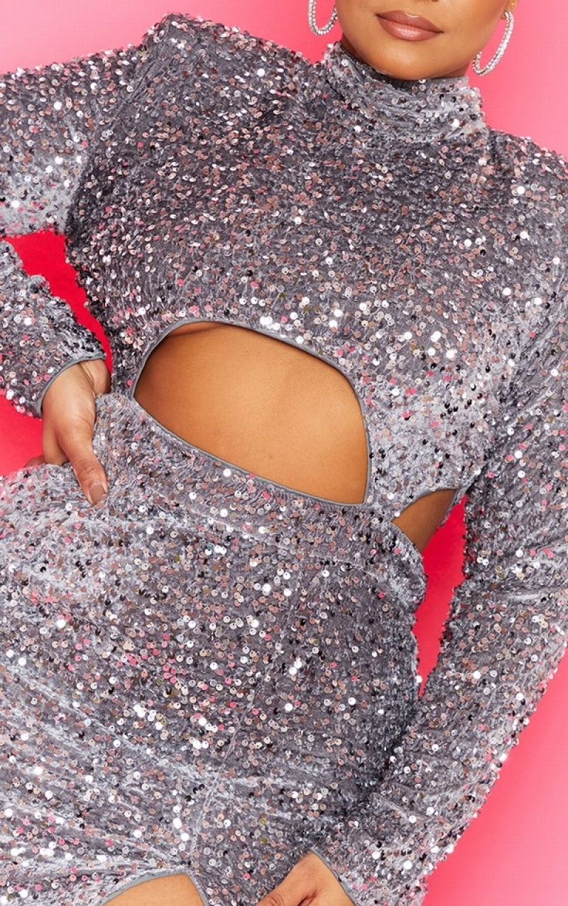 Rochie Pretty Little Thing Plus Sequin Cut Out Bodycon Argintii | JRWD53267
