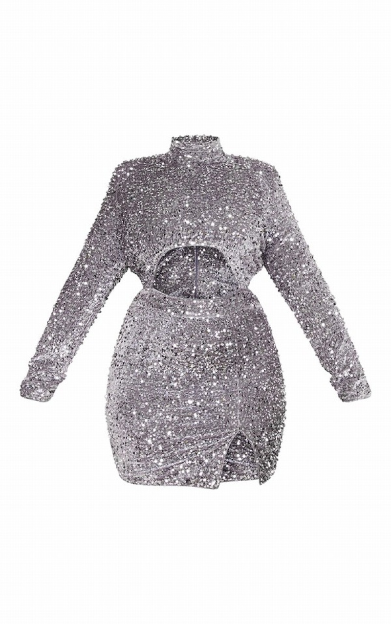 Rochie Pretty Little Thing Plus Sequin Cut Out Bodycon Argintii | JRWD53267