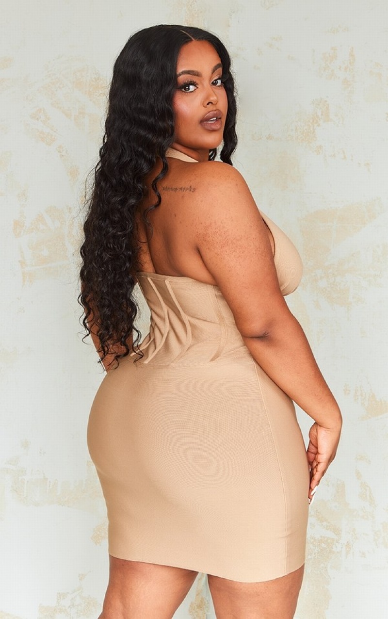 Rochie Pretty Little Thing Plus Stone Bandage Plunge Corset Bodycon Gri | QZYS93502