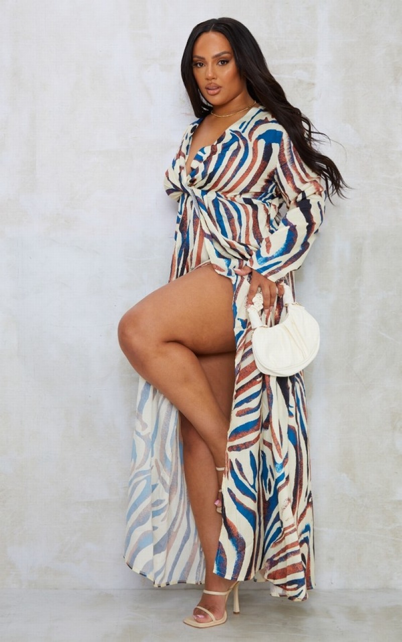 Rochie Pretty Little Thing Plus Stone Zebra Print Twist Detail Maxi Gri | ALVW48015