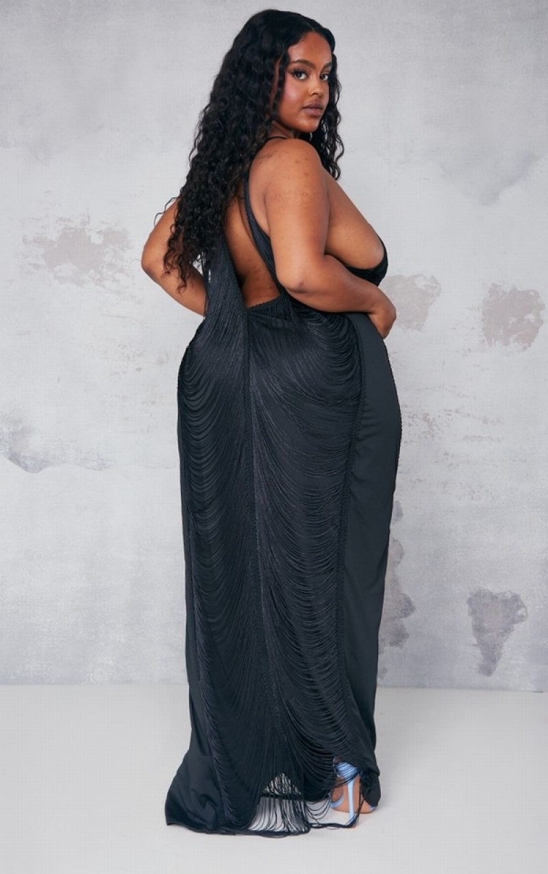 Rochie Pretty Little Thing Plus Tassel Distressed Low Back Maxi Negrii | CWZU12468