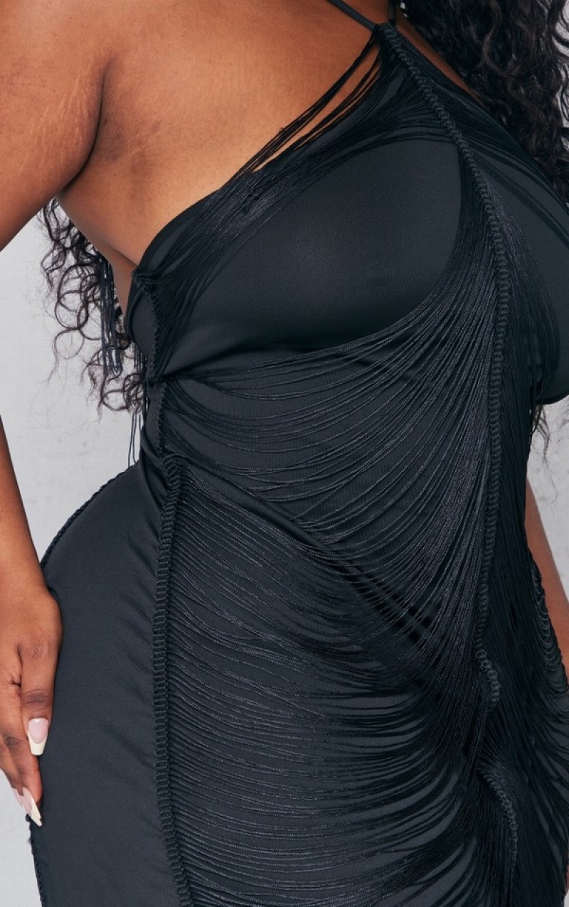 Rochie Pretty Little Thing Plus Tassel Distressed Low Back Maxi Negrii | CWZU12468