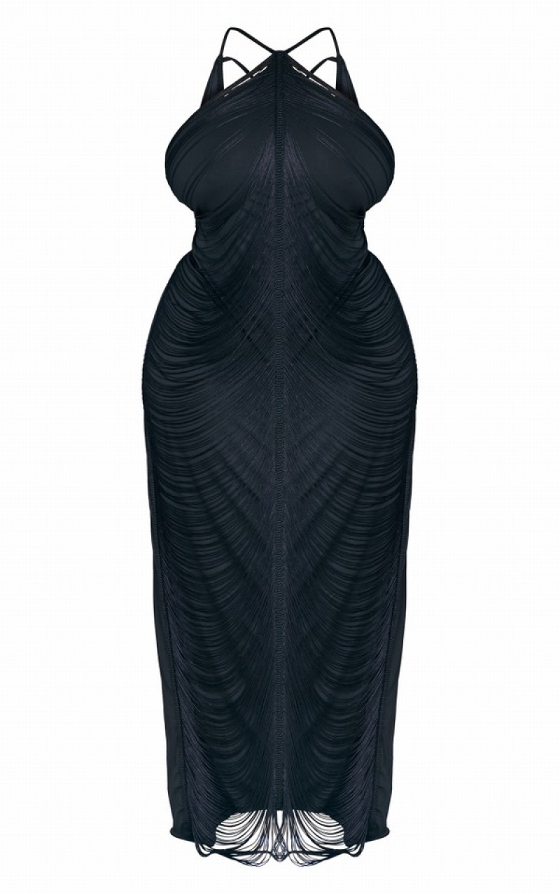 Rochie Pretty Little Thing Plus Tassel Distressed Low Back Maxi Negrii | CWZU12468