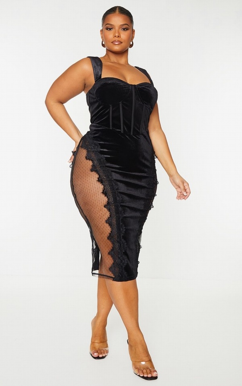 Rochie Pretty Little Thing Plus Velvet Dantela Trim Corset Negrii | CZJB43678