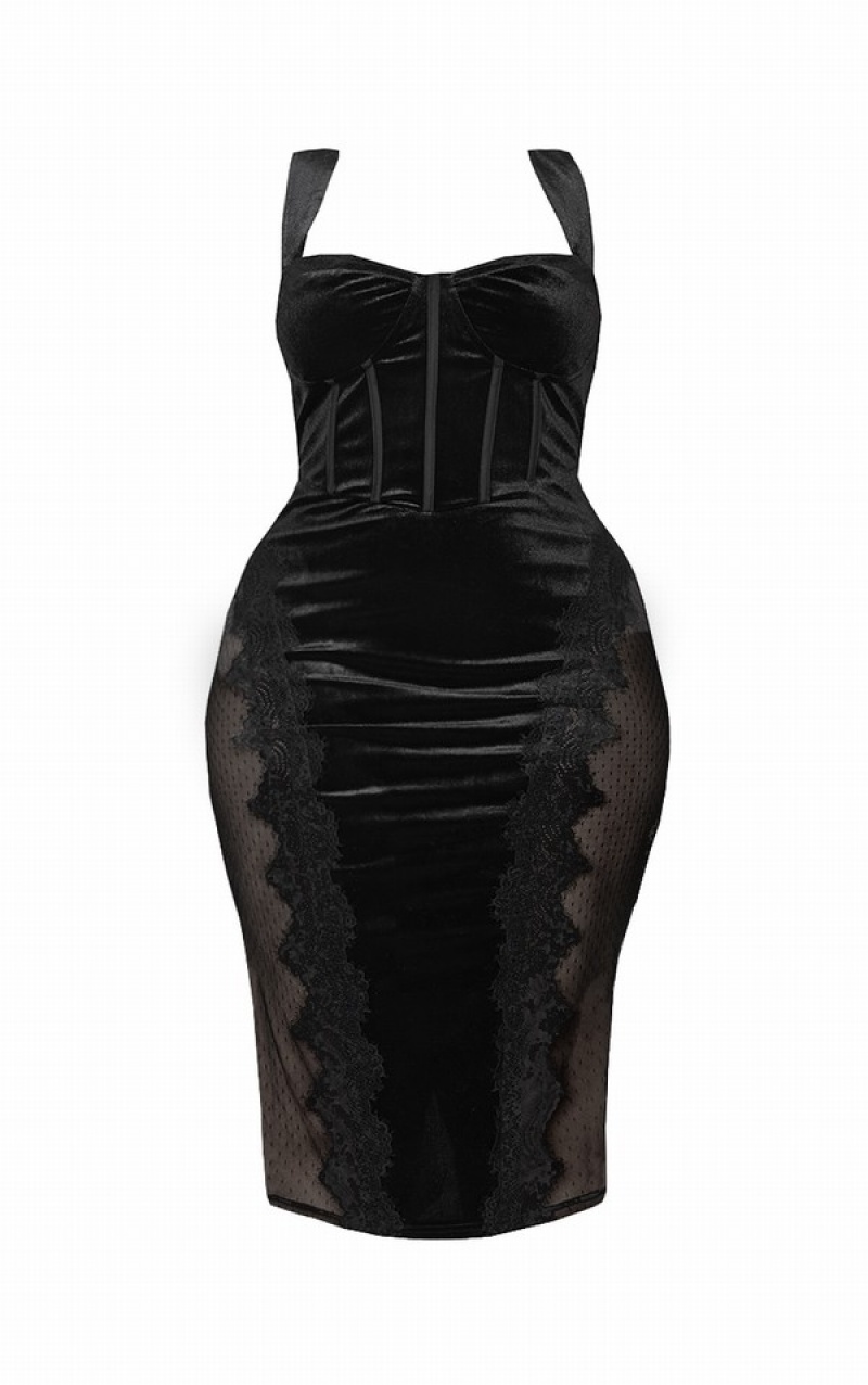 Rochie Pretty Little Thing Plus Velvet Dantela Trim Corset Negrii | CZJB43678