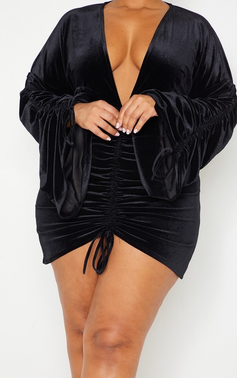 Rochie Pretty Little Thing Plus Velvet Plunge Ruched Front Bodycon Negrii | JYOW46370