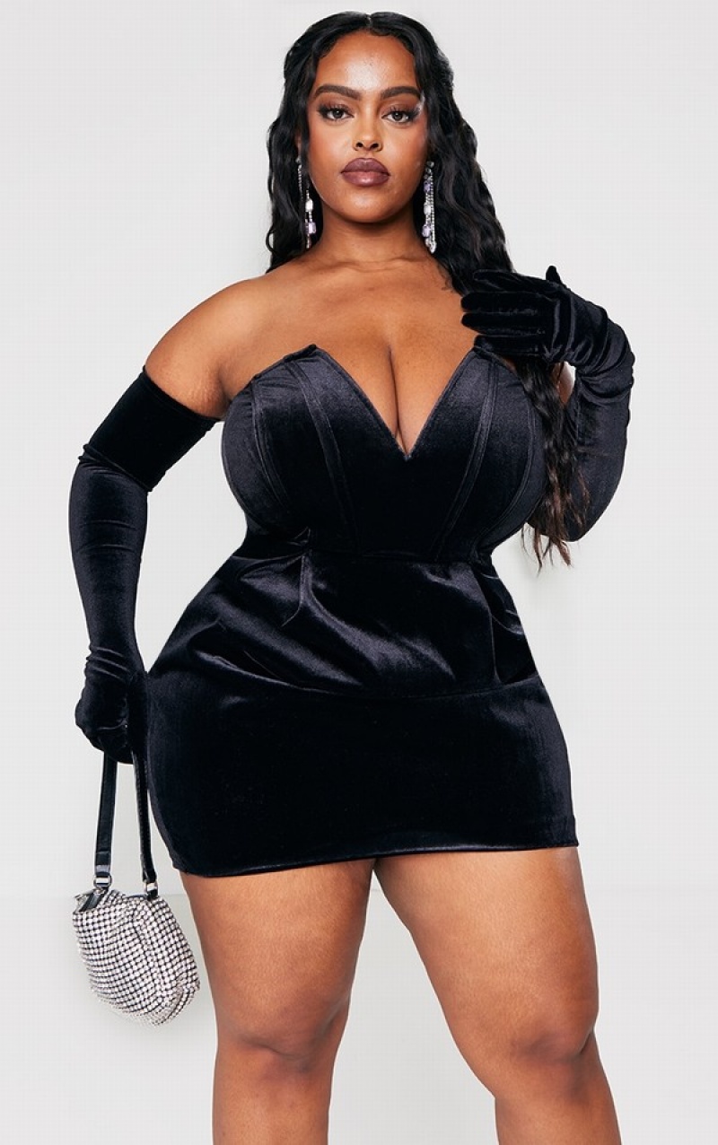 Rochie Pretty Little Thing Plus Velvet V Bar Glove Detail Negrii | IWZL45123