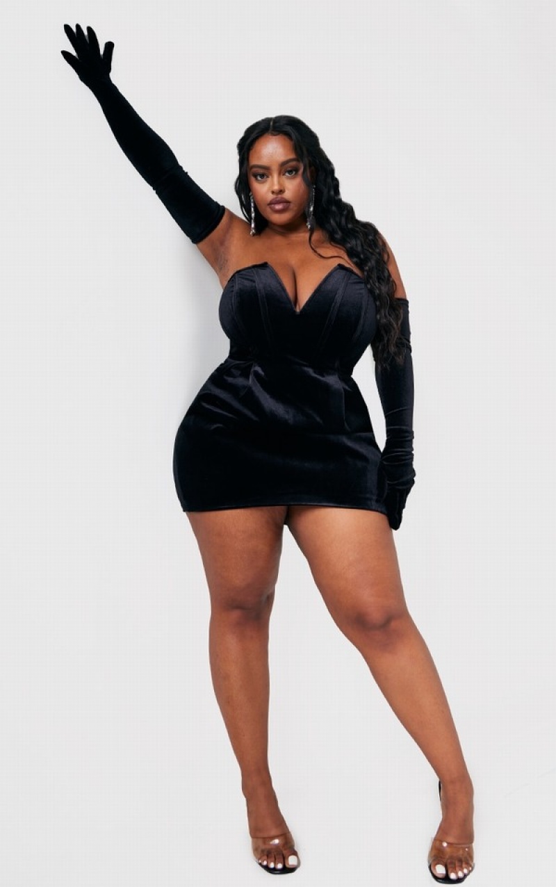 Rochie Pretty Little Thing Plus Velvet V Bar Glove Detail Negrii | IWZL45123