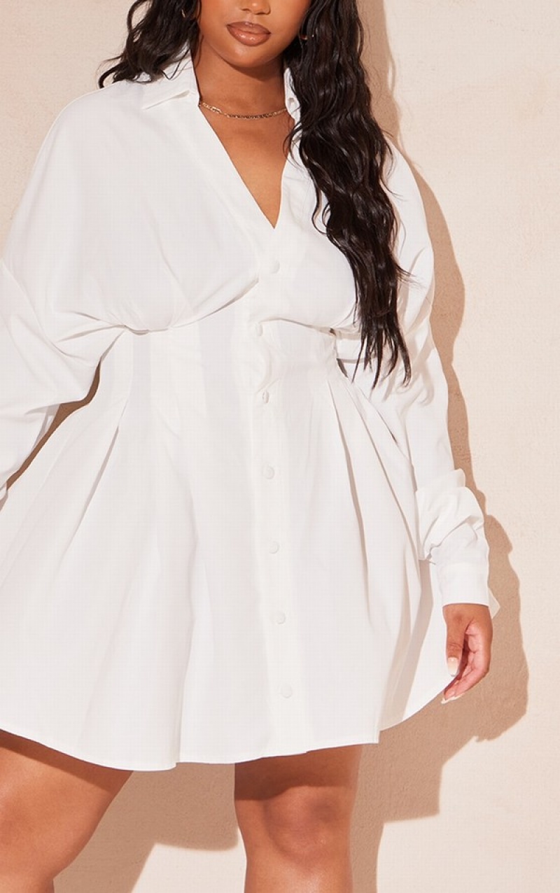 Rochie Pretty Little Thing Plus Woven Plisat Button Down Oversized Puff Albi | TRPU97028