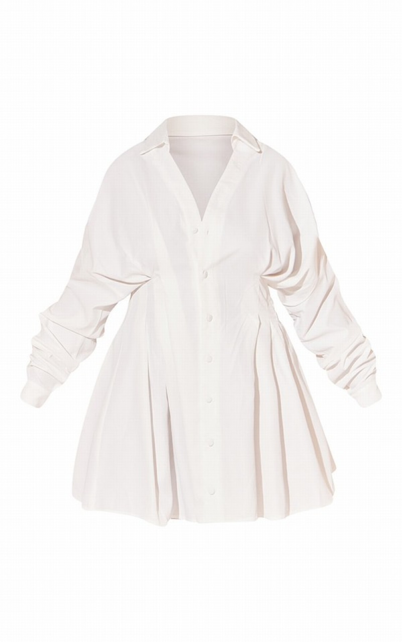 Rochie Pretty Little Thing Plus Woven Plisat Button Down Oversized Puff Albi | TRPU97028