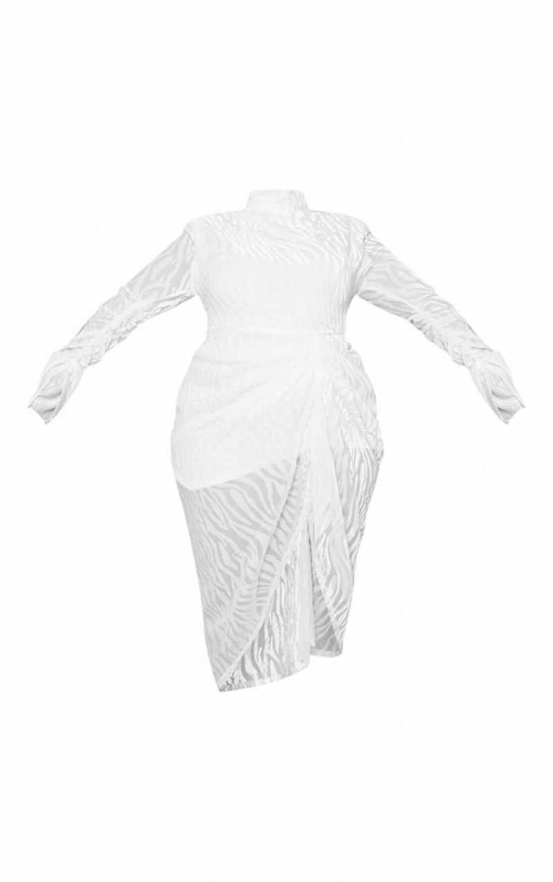 Rochie Pretty Little Thing Plus Zebra Devore High Neck Draped Albi | XNSB08167