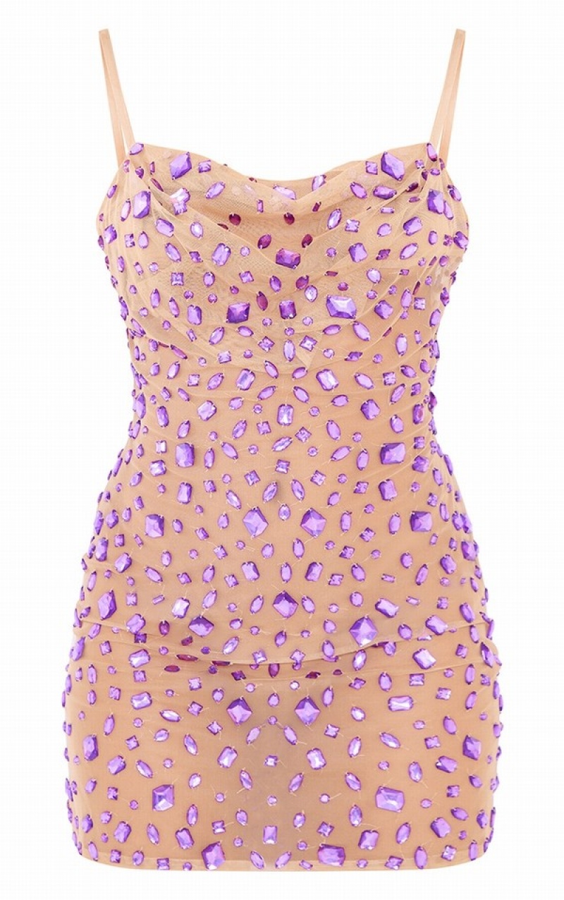 Rochie Pretty Little Thing Premium Nude Jewel Mesh Cowl Neck Cu Bretele Bodycon Bej | NWYG93064