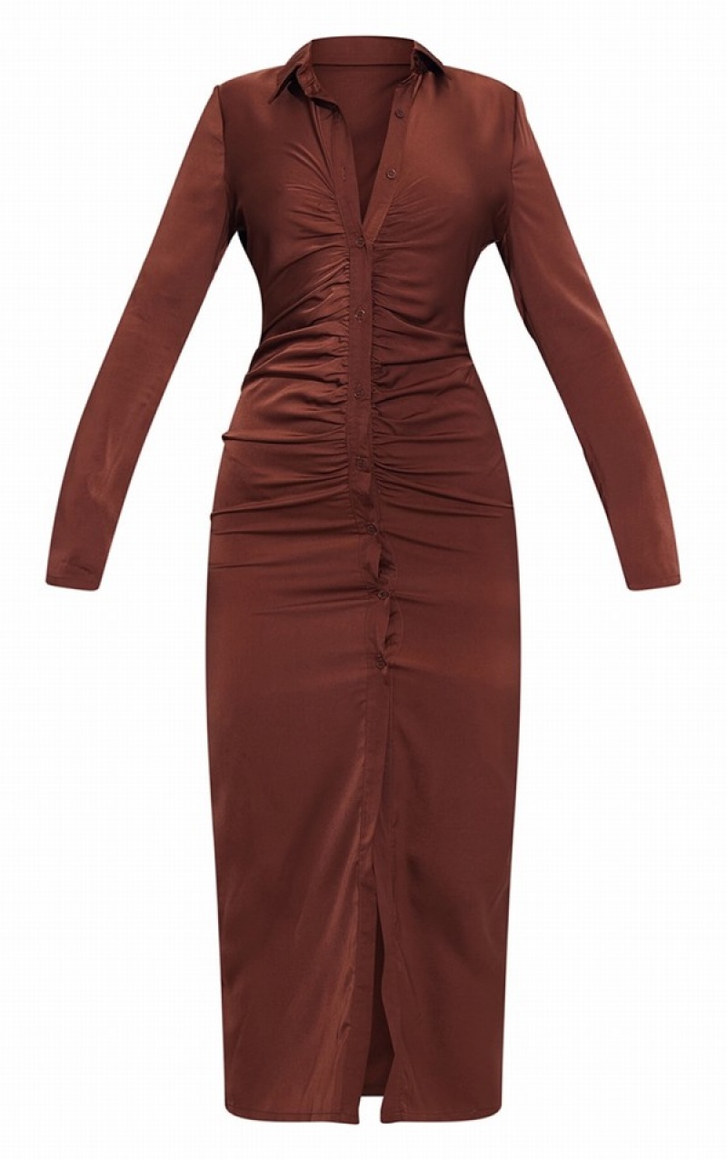 Rochie Pretty Little Thing Ruched Satin Maxi Ciocolata | KRVN81670