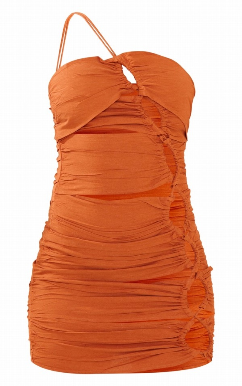 Rochie Pretty Little Thing Rust Linen Look Cut Out Ruched Detail One Shoulder Bodycon Rosii | PVLZ41790