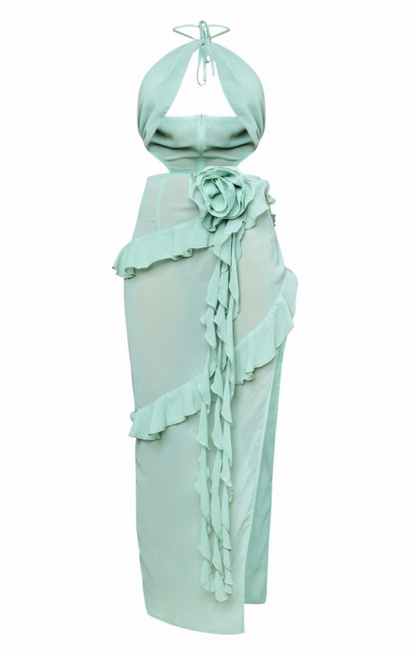 Rochie Pretty Little Thing Sage Chiffon Cut Out Applique Drape Maxi Masline Verzi Verzi | SPDW78369