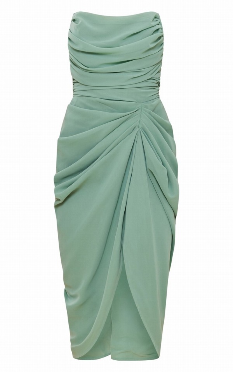Rochie Pretty Little Thing Sage Chiffon Corset Bandeau Draped Masline Verzi Verzi | IHZS02476