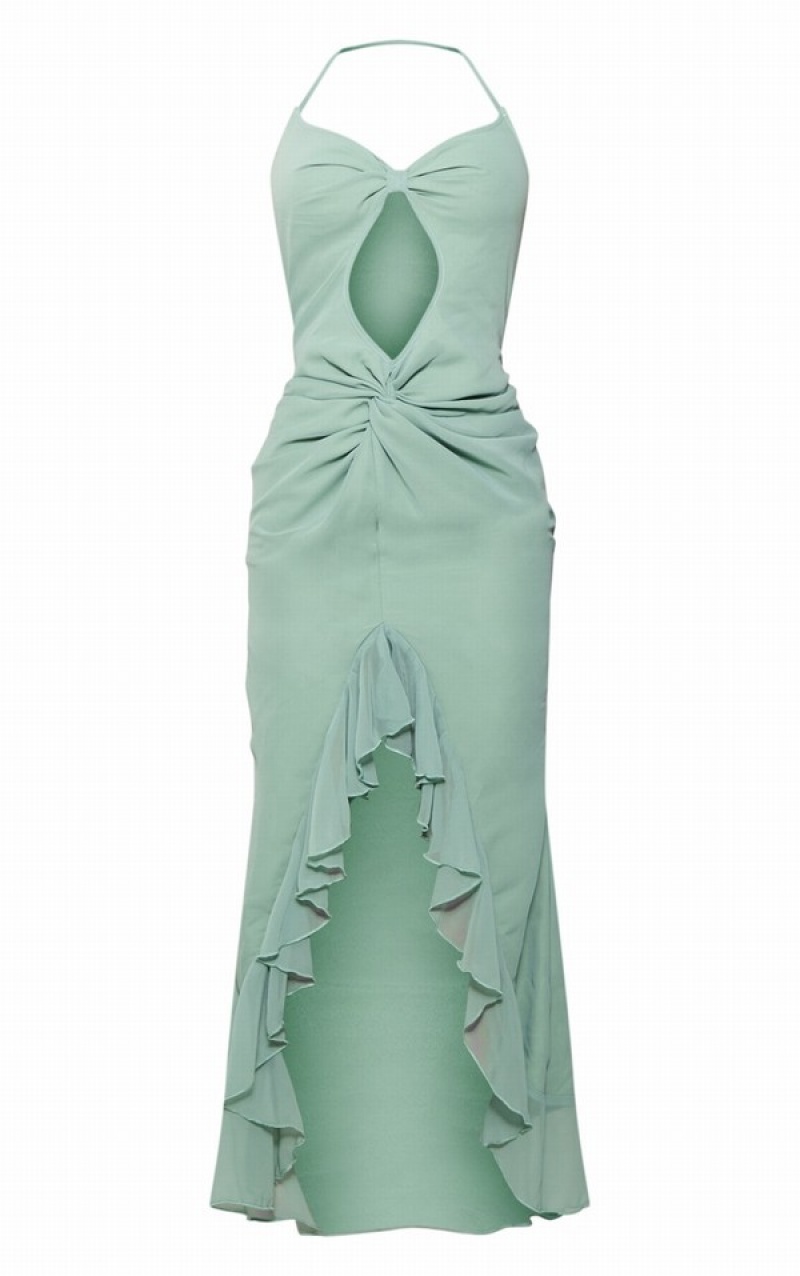Rochie Pretty Little Thing Sage Chiffon Frill Knot Midaxi Masline Verzi Verzi | WXGS28756