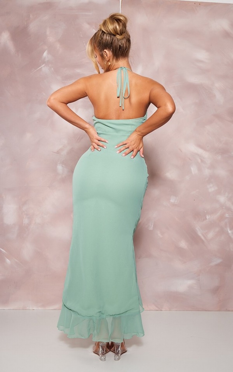 Rochie Pretty Little Thing Sage Chiffon Frill Knot Midaxi Masline Verzi Verzi | WXGS28756