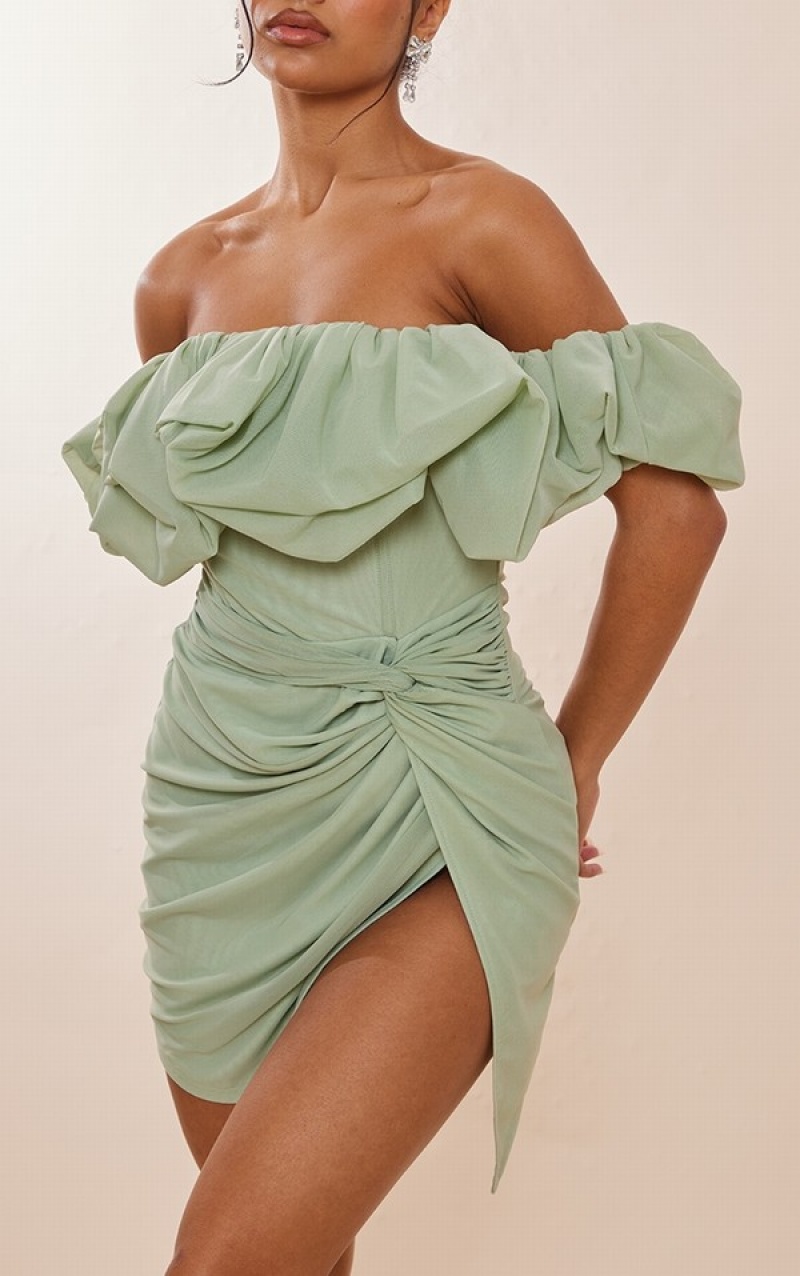 Rochie Pretty Little Thing Sage Mesh Puff Detail Corset Bodycon Masline Verzi Verzi | ZPRE94817