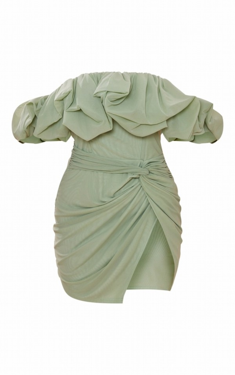 Rochie Pretty Little Thing Sage Mesh Puff Detail Corset Bodycon Masline Verzi Verzi | ZPRE94817