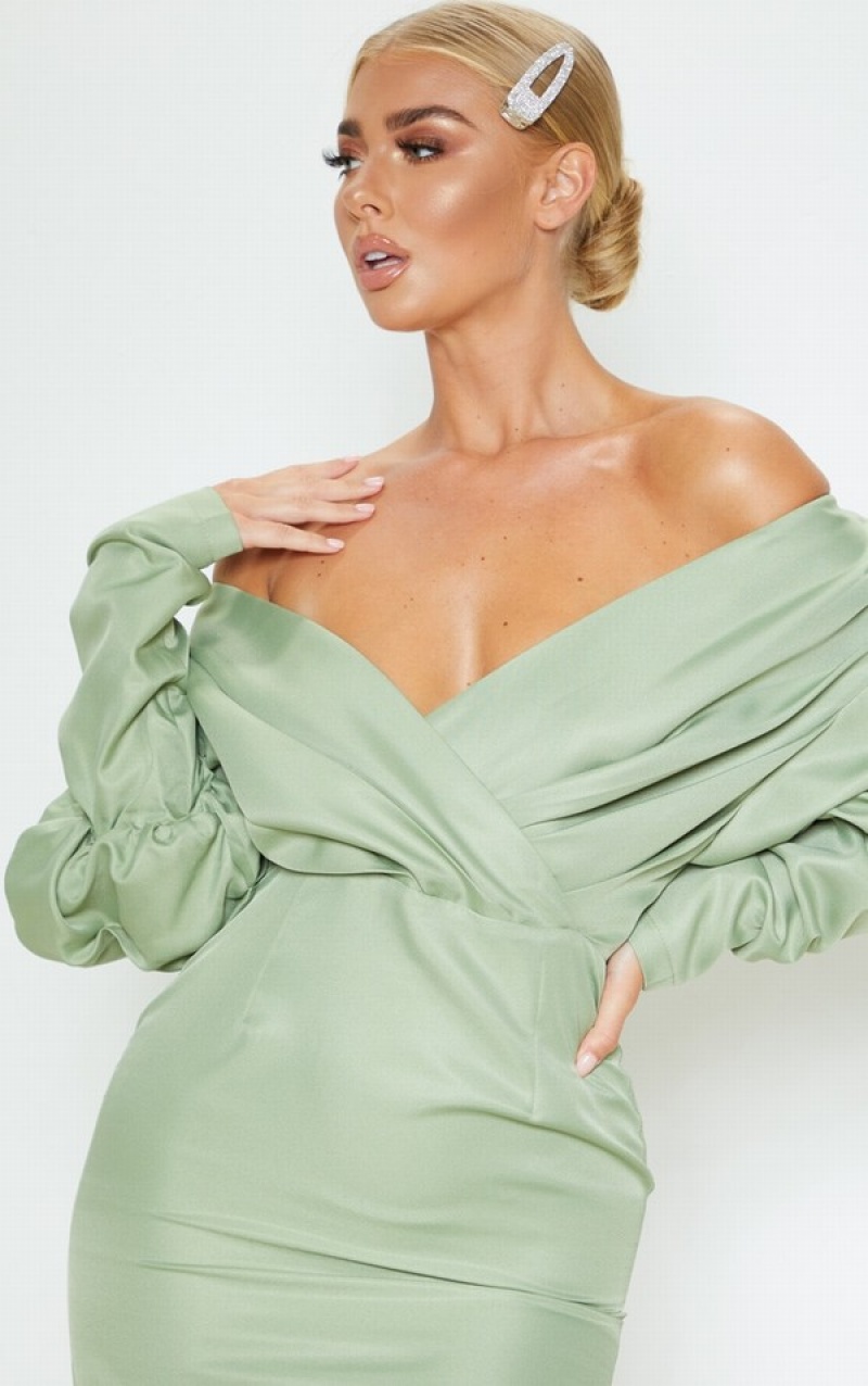 Rochie Pretty Little Thing Sage Off The Shoulder Ruched Bodycon Masline Verzi Verzi | RZVW93126
