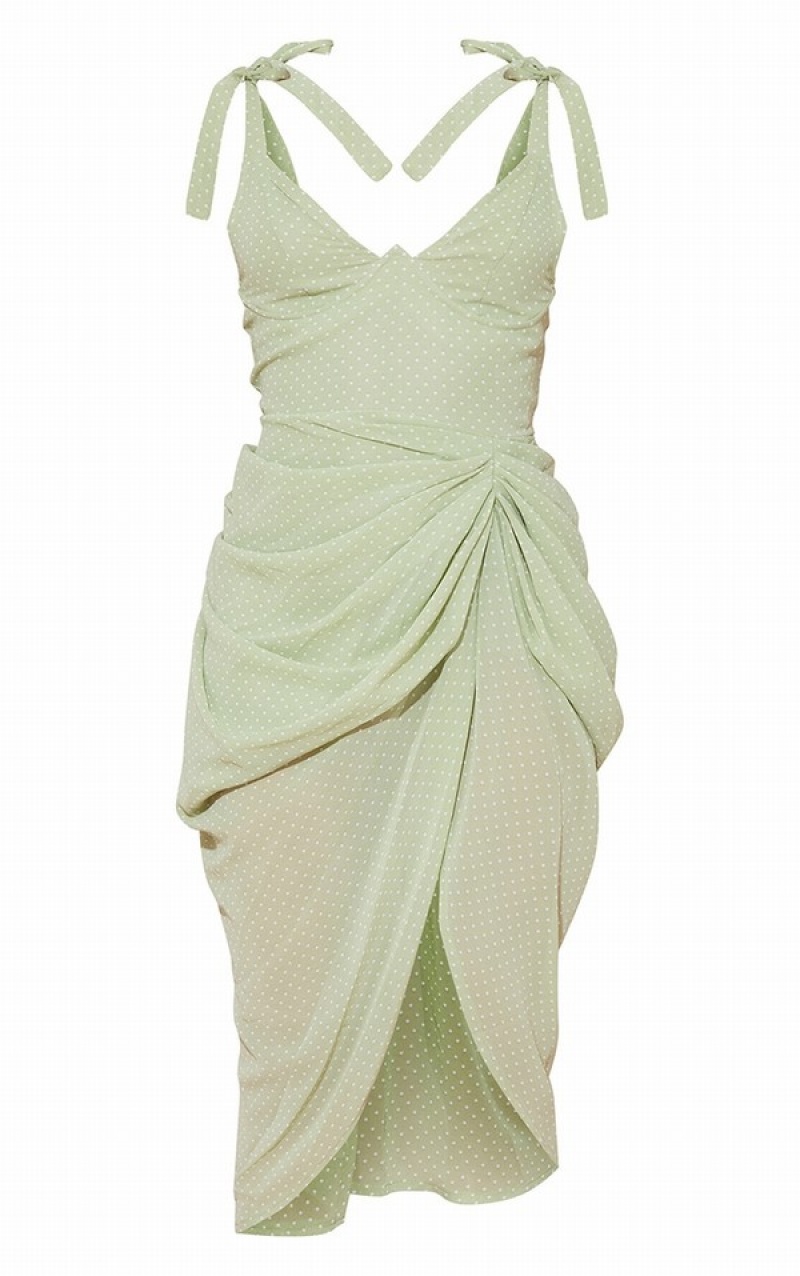 Rochie Pretty Little Thing Sage Polka Dot Draped Underwire Detail Masline Verzi Verzi | ZNCA45710