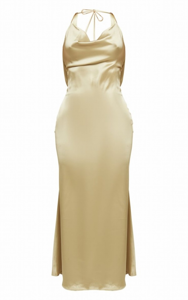 Rochie Pretty Little Thing Sage Satin Cowl Bias Cut Backless Maxi Masline Verzi | VEQZ10247