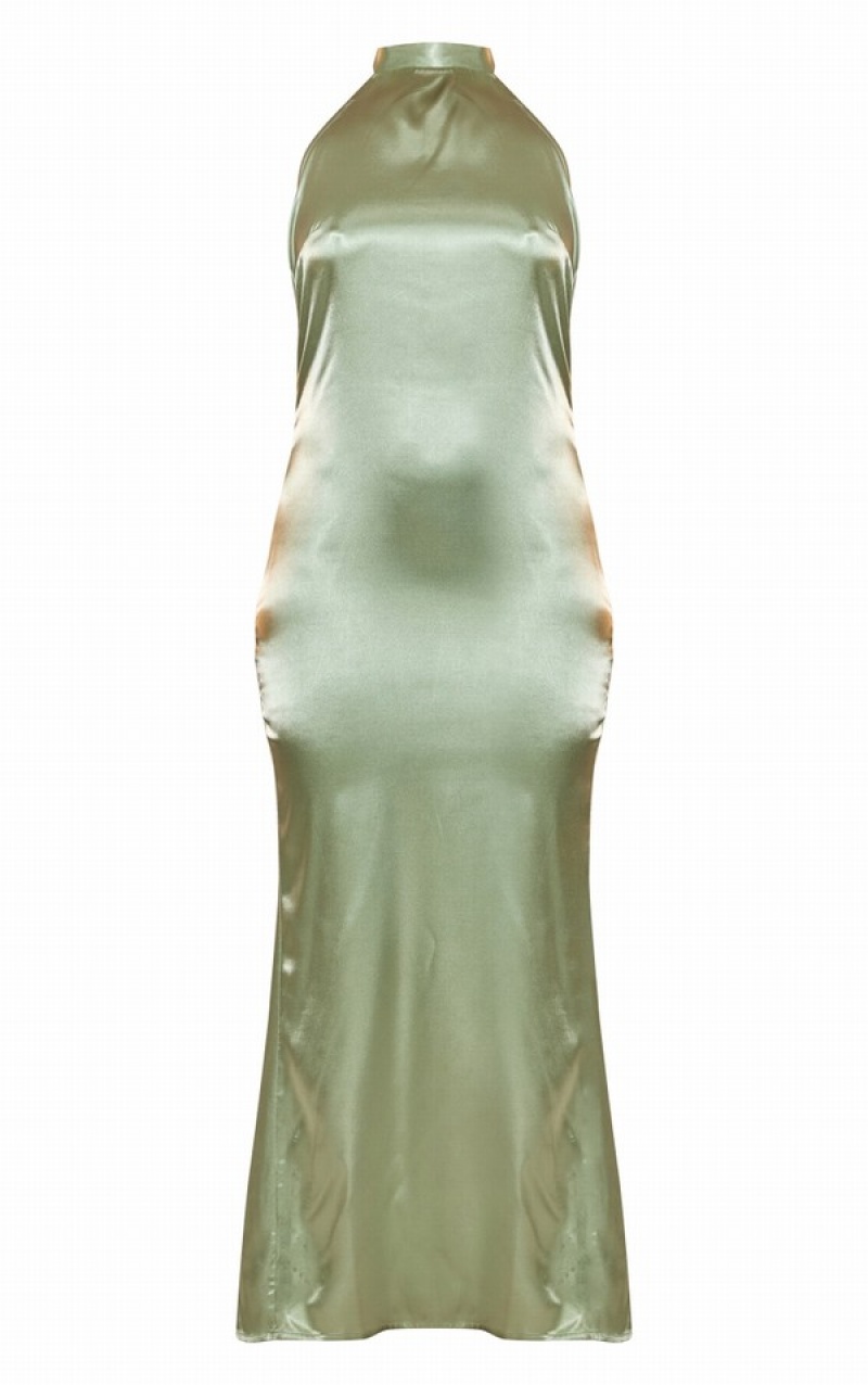 Rochie Pretty Little Thing Sage Satin High Neck Maxi Masline Verzi | BZOU25378