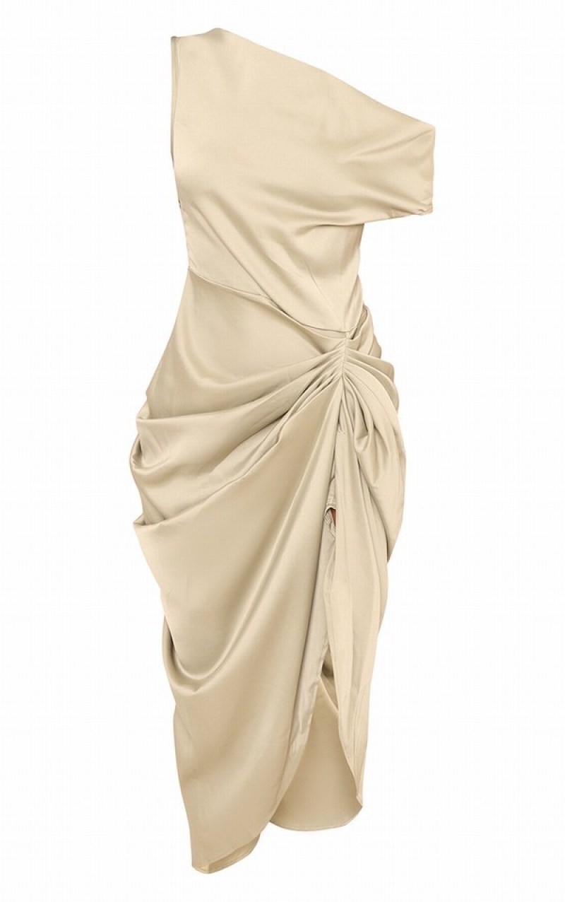 Rochie Pretty Little Thing Sage Satin Off The Shoulder Draped Masline Verzi Verzi | NWER76054