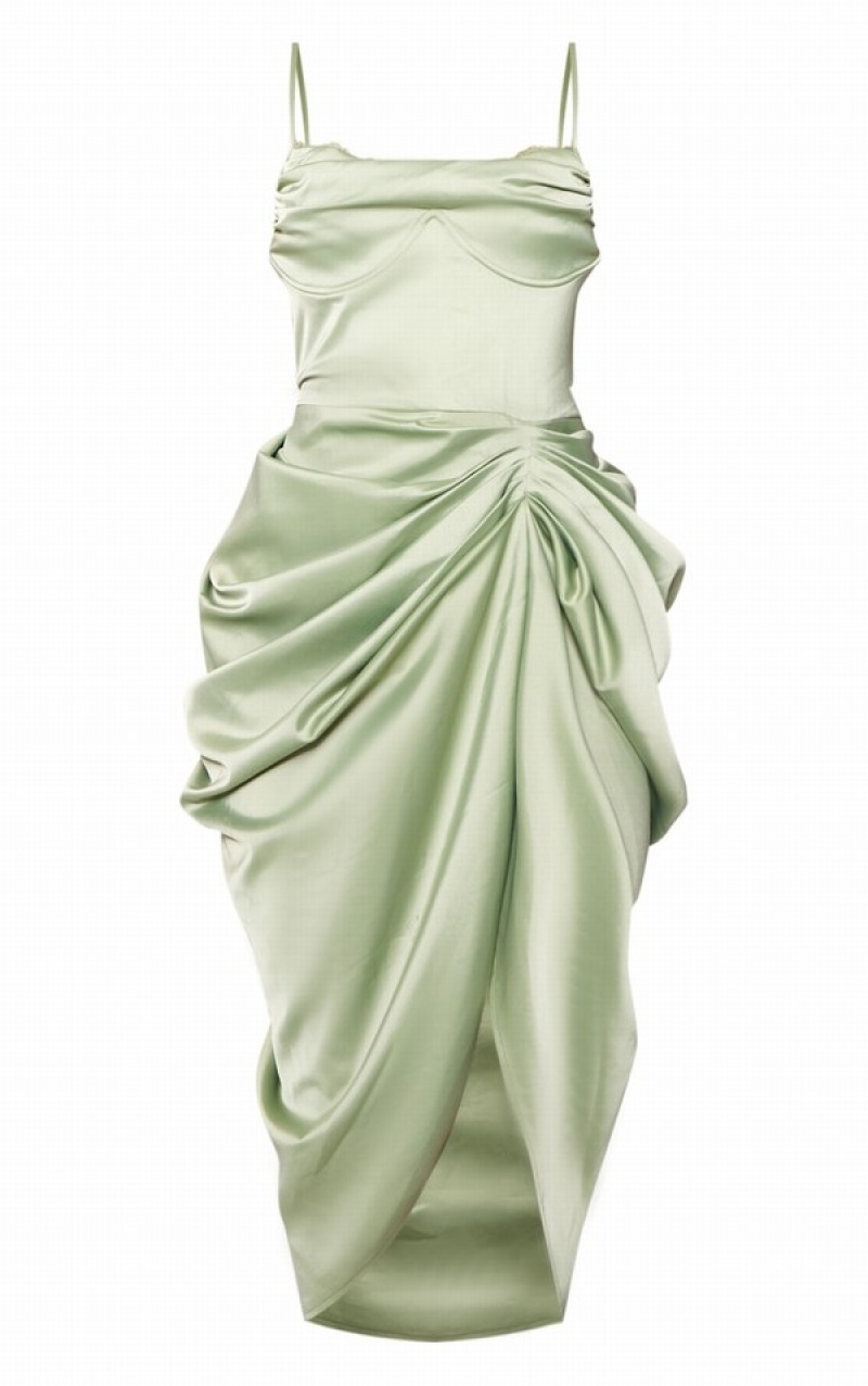 Rochie Pretty Little Thing Sage Satin UnderwiCowl Dantela Trim Draped Masline Verzi Verzi | MKEB42307