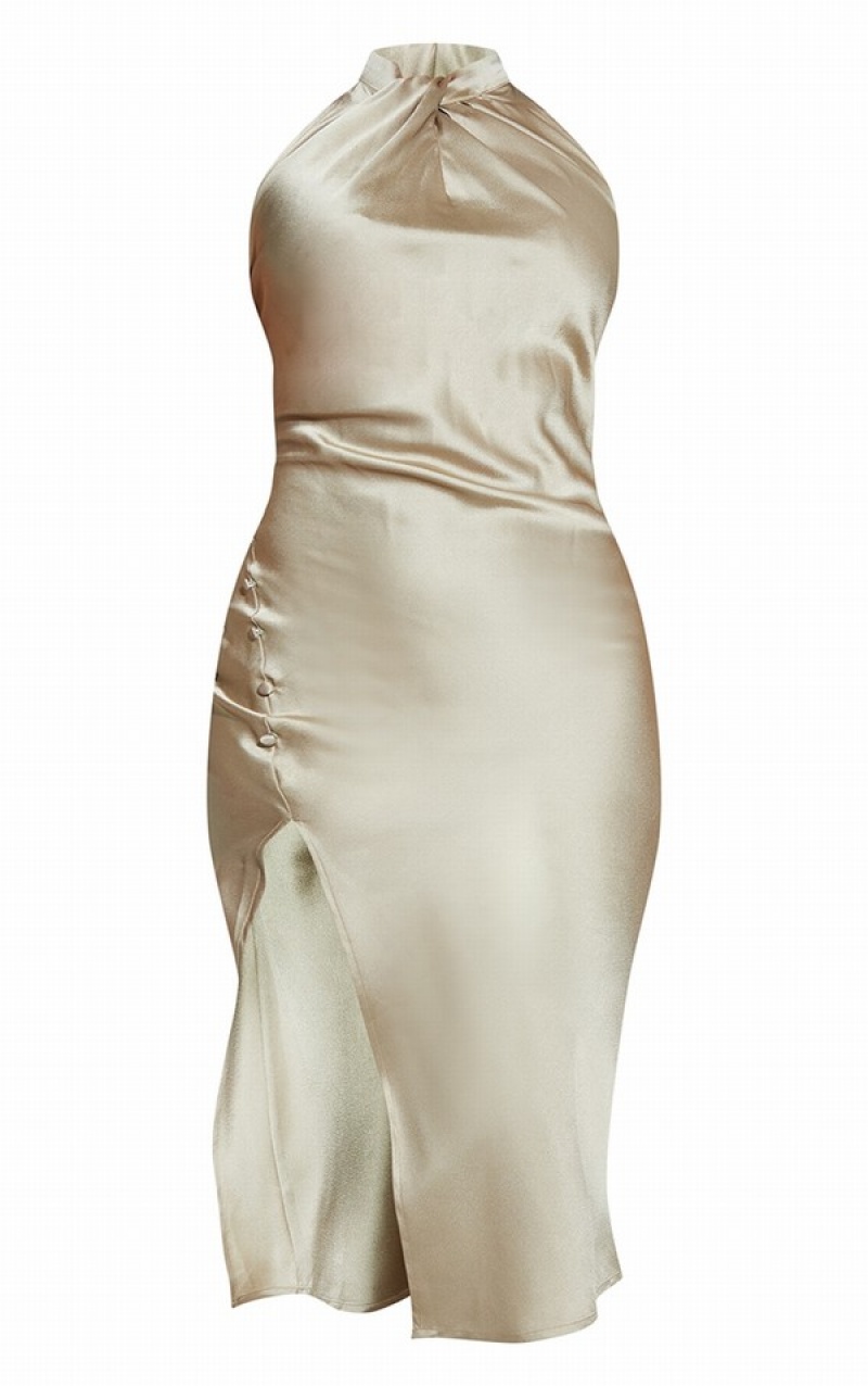 Rochie Pretty Little Thing Sage Twist Neck Button Detail Satin Masline Verzi Verzi | BOTA06453