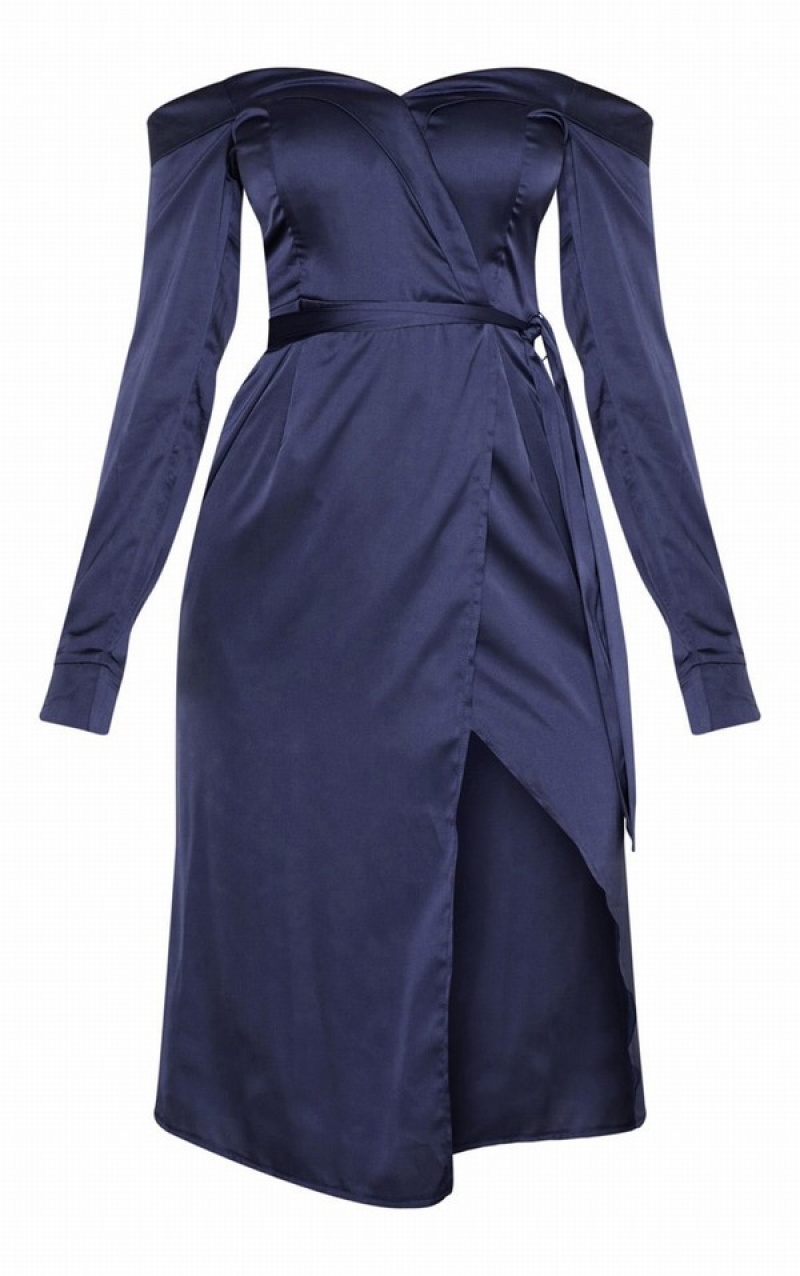 Rochie Pretty Little Thing Satin Bardot Lapel Detail Wrap Bleumarin | INSJ34596