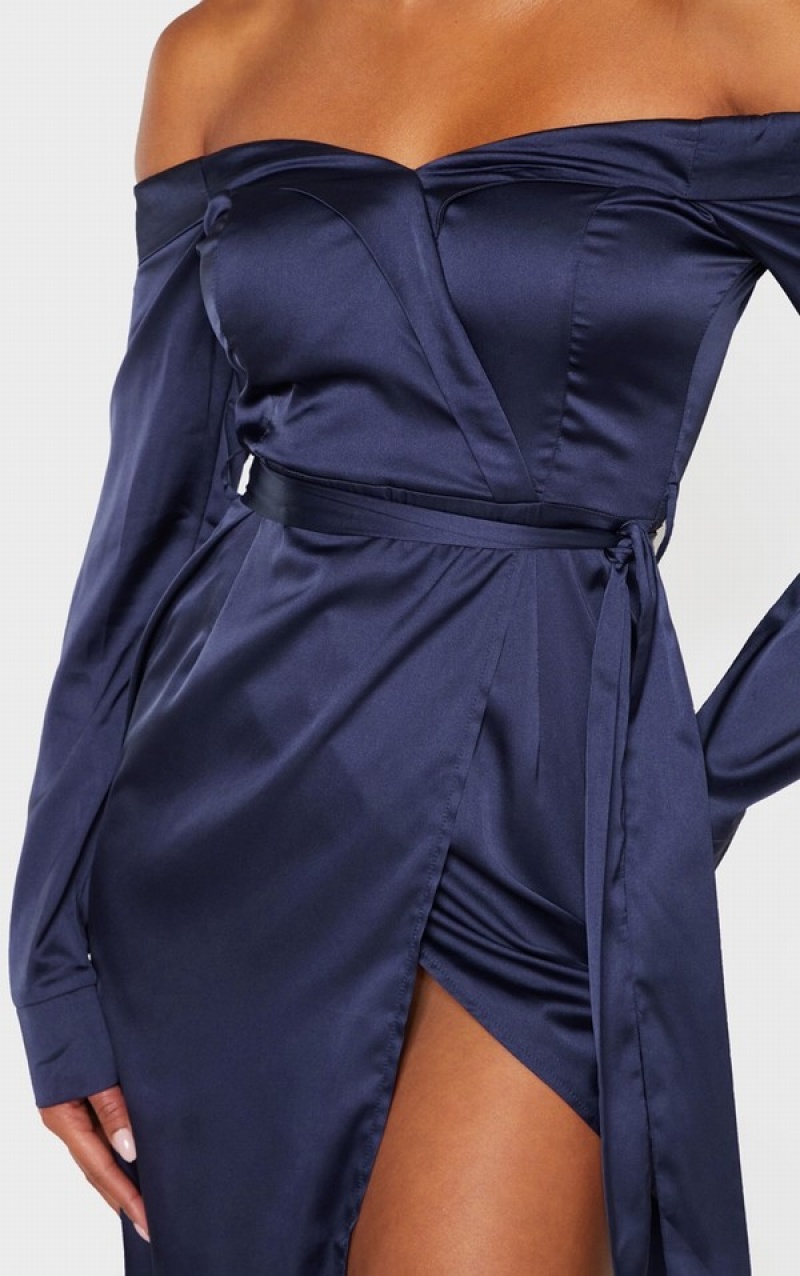Rochie Pretty Little Thing Satin Bardot Lapel Detail Wrap Bleumarin | INSJ34596
