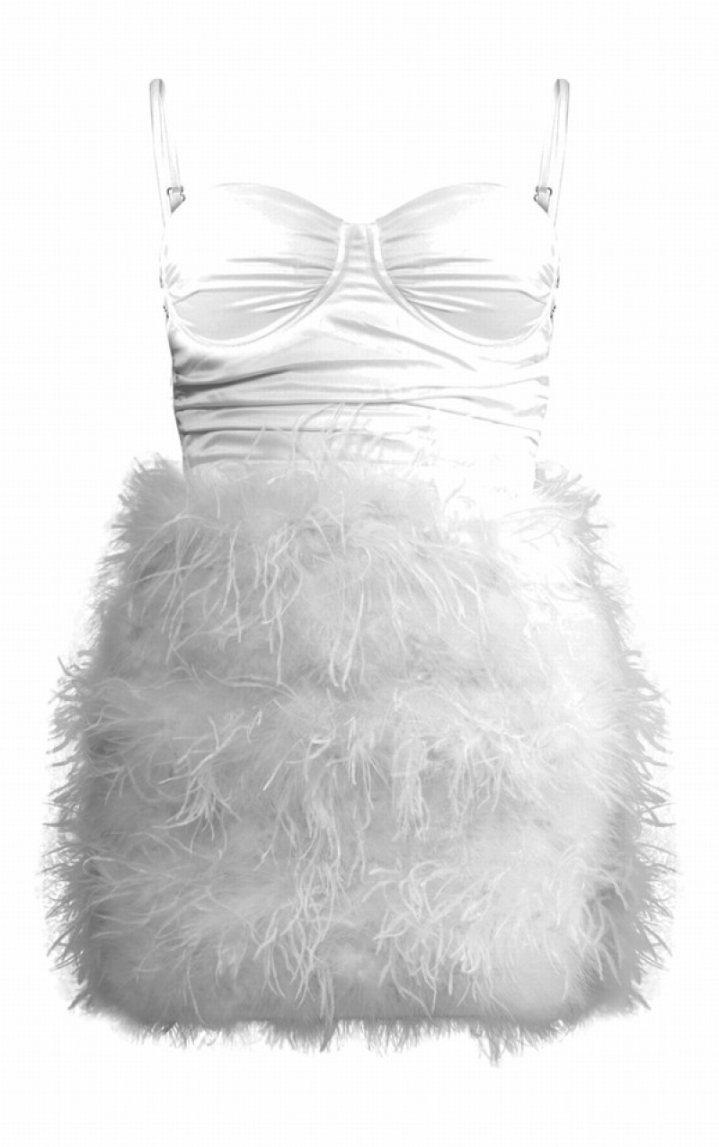 Rochie Pretty Little Thing Satin Cup Detail Feather Bodycon Albi | IOTP23507