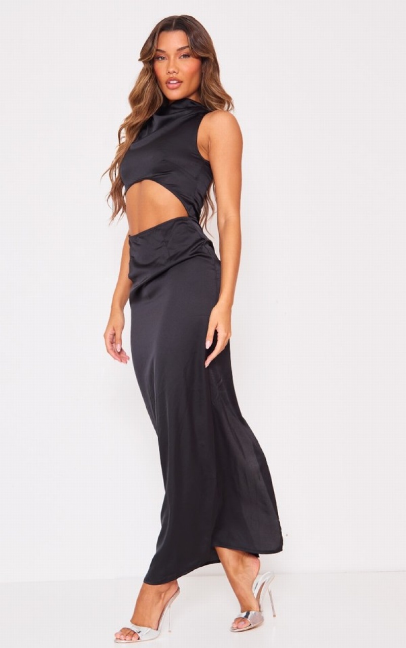 Rochie Pretty Little Thing Satin High Neck Cut Out Midaxi Negrii | ECMF02614