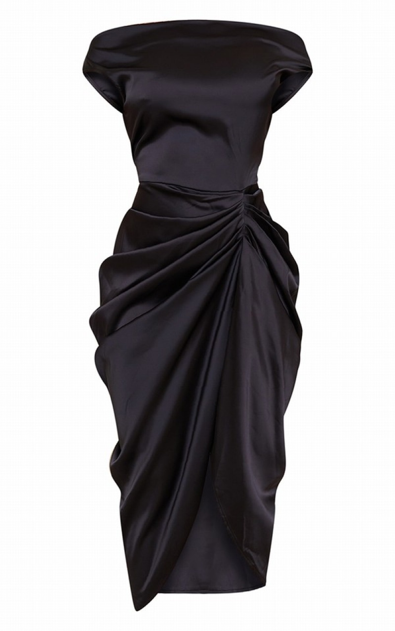 Rochie Pretty Little Thing Satin Off The Shoulder Draped Negrii | IXUB90246