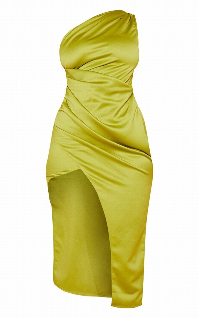 Rochie Pretty Little Thing Satin One Shoulder Pleat Detail Masline Verzi | HQUJ38597