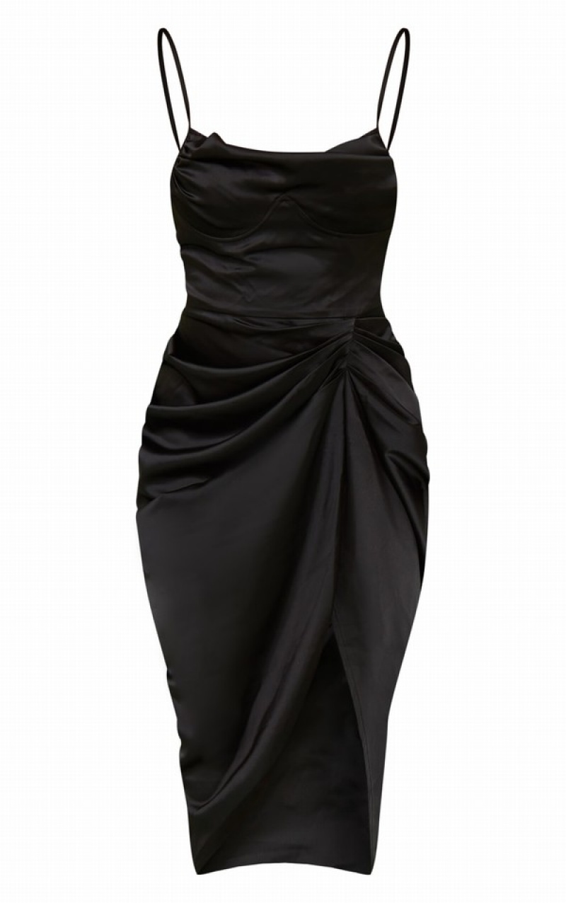 Rochie Pretty Little Thing Satin UnderwiCowl Dantela Trim Draped Negrii | FXUK93106