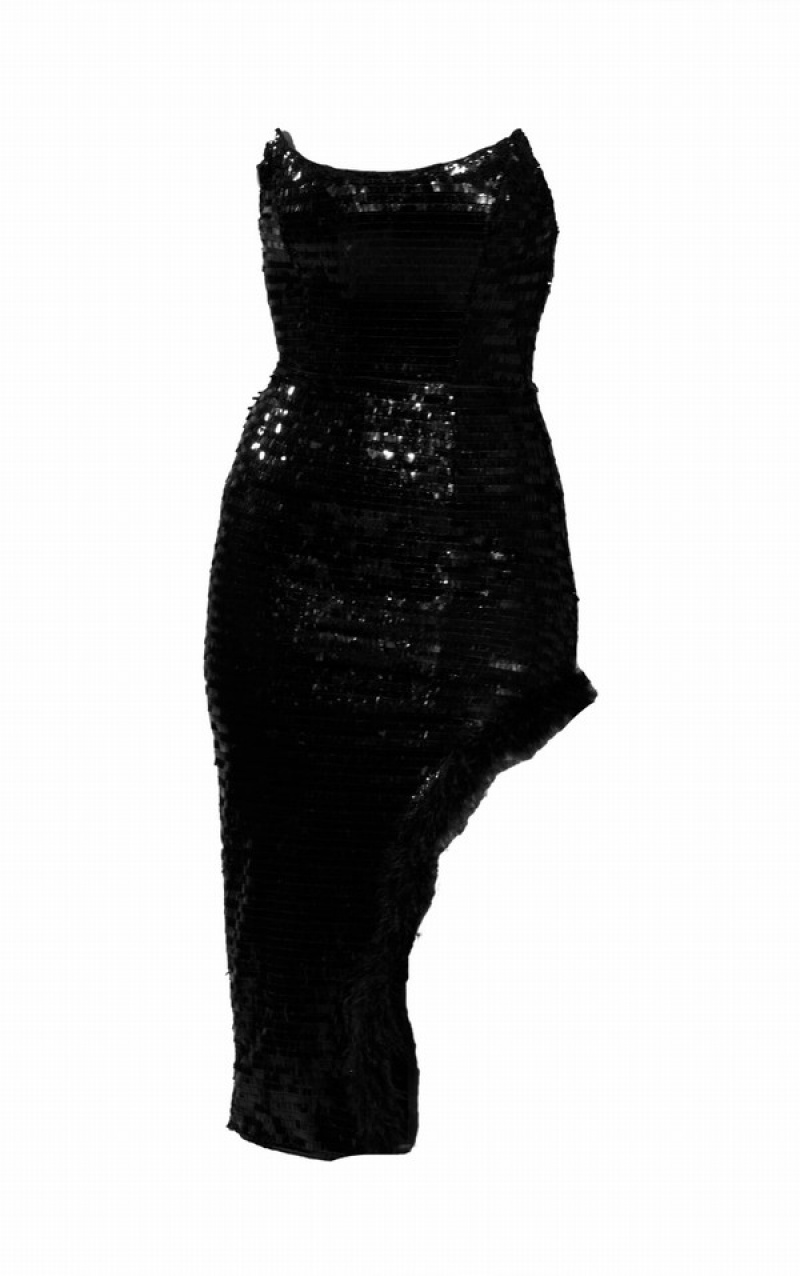 Rochie Pretty Little Thing Sequin Bandeau Feather Split Midaxi Negrii | VGNB24015