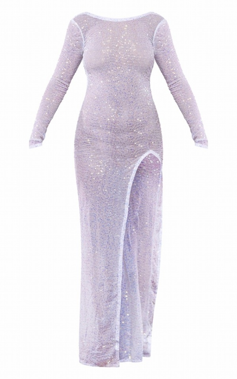 Rochie Pretty Little Thing Sequin Long Sleeve Cowl Back Maxi Albi | IHTV17625